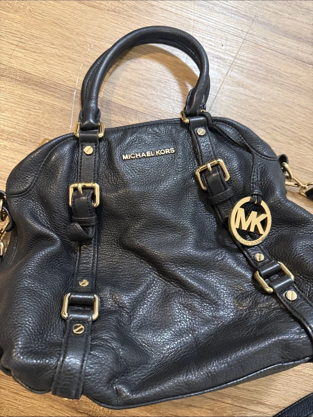 Michael Kors Black Pebbled Leather Shoulder Satchel with Gold Hardware